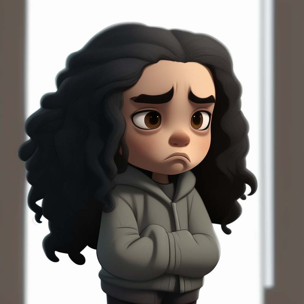 A sad dwarf girl stares out a window, her black hair flowing behind her