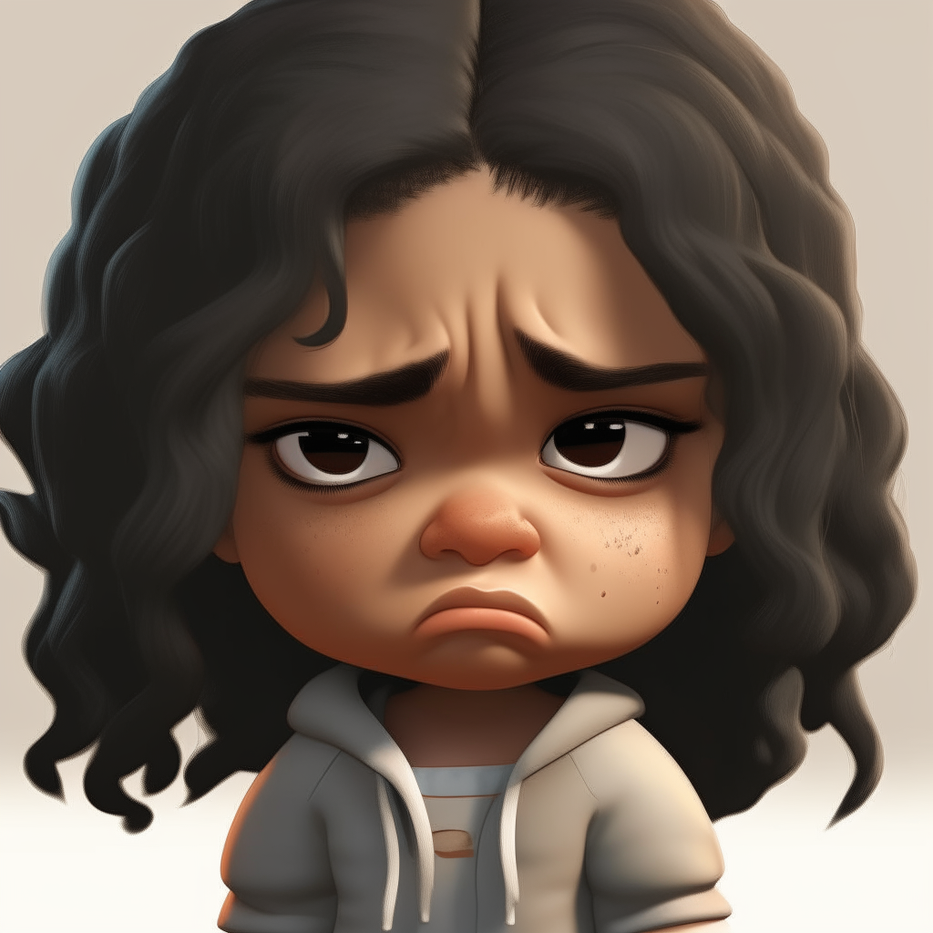 A closeup of a dwarf girl crying, her tan skin and black hair detailed
