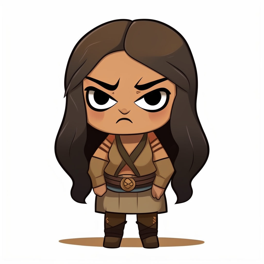 A dwarf girl with tan skin, long black hair and a sad expression, rendered as a cartoon character sprite