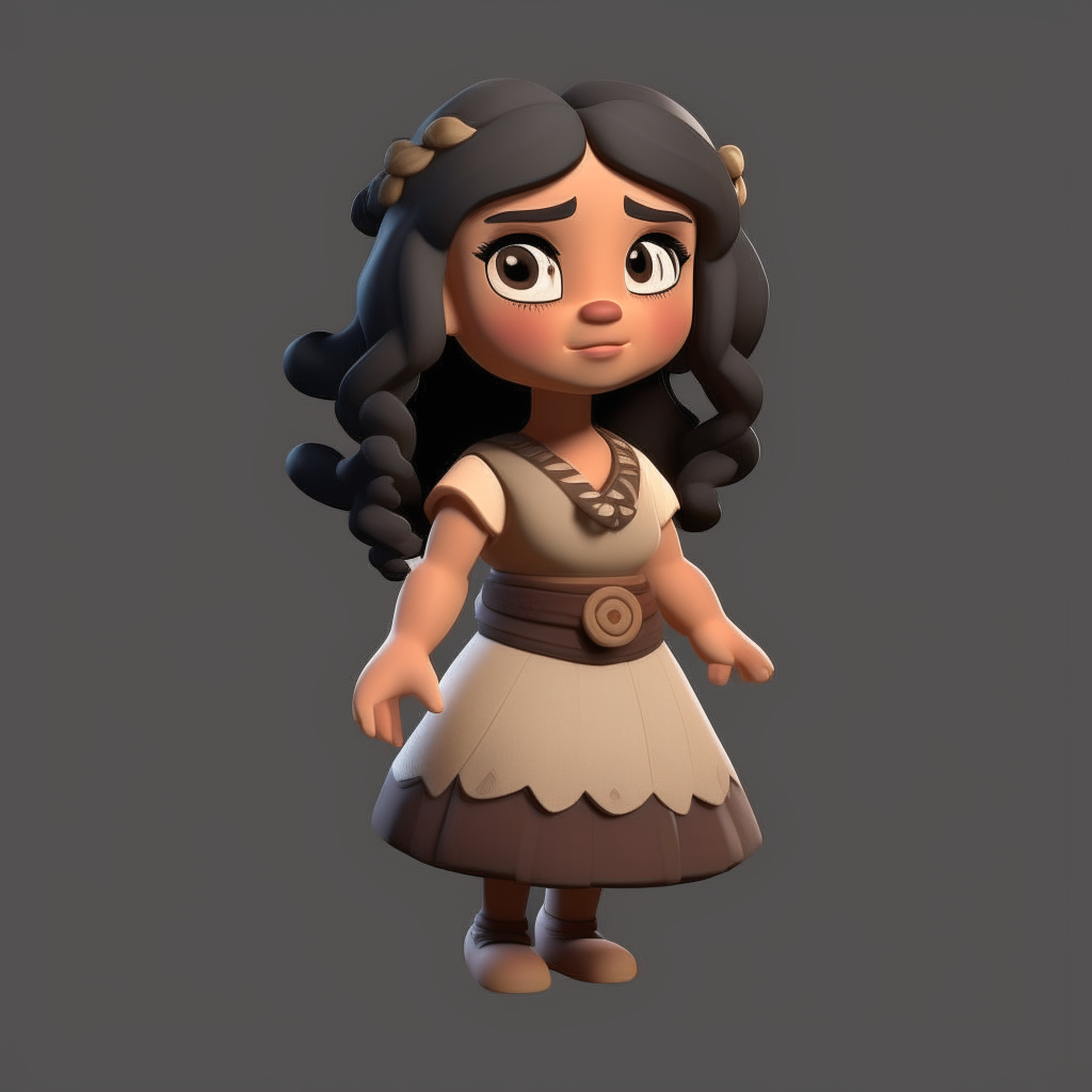 A dwarf girl in a dress with tan skin and flowing black hair, rendered as a 3D cartoon character sprite
