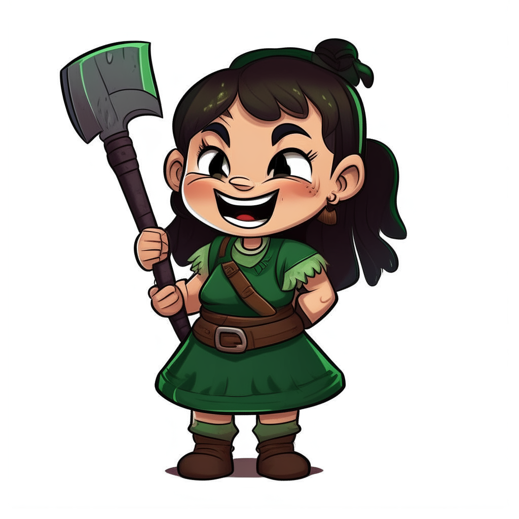A smiling dwarf girl in a green dress, her black hair in pigtails and carrying an axe as a cartoon character sprite