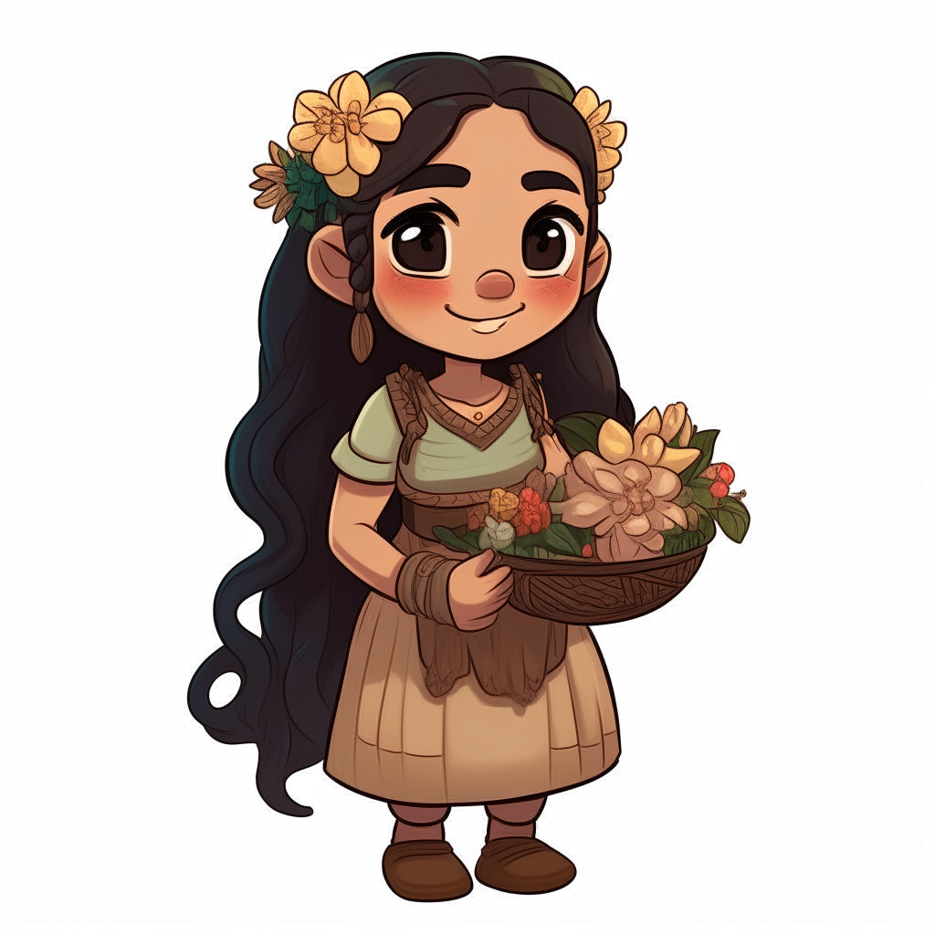 A dwarf girl with tan skin and a long black braid, holding a basket of flowers as a cartoon character sprite