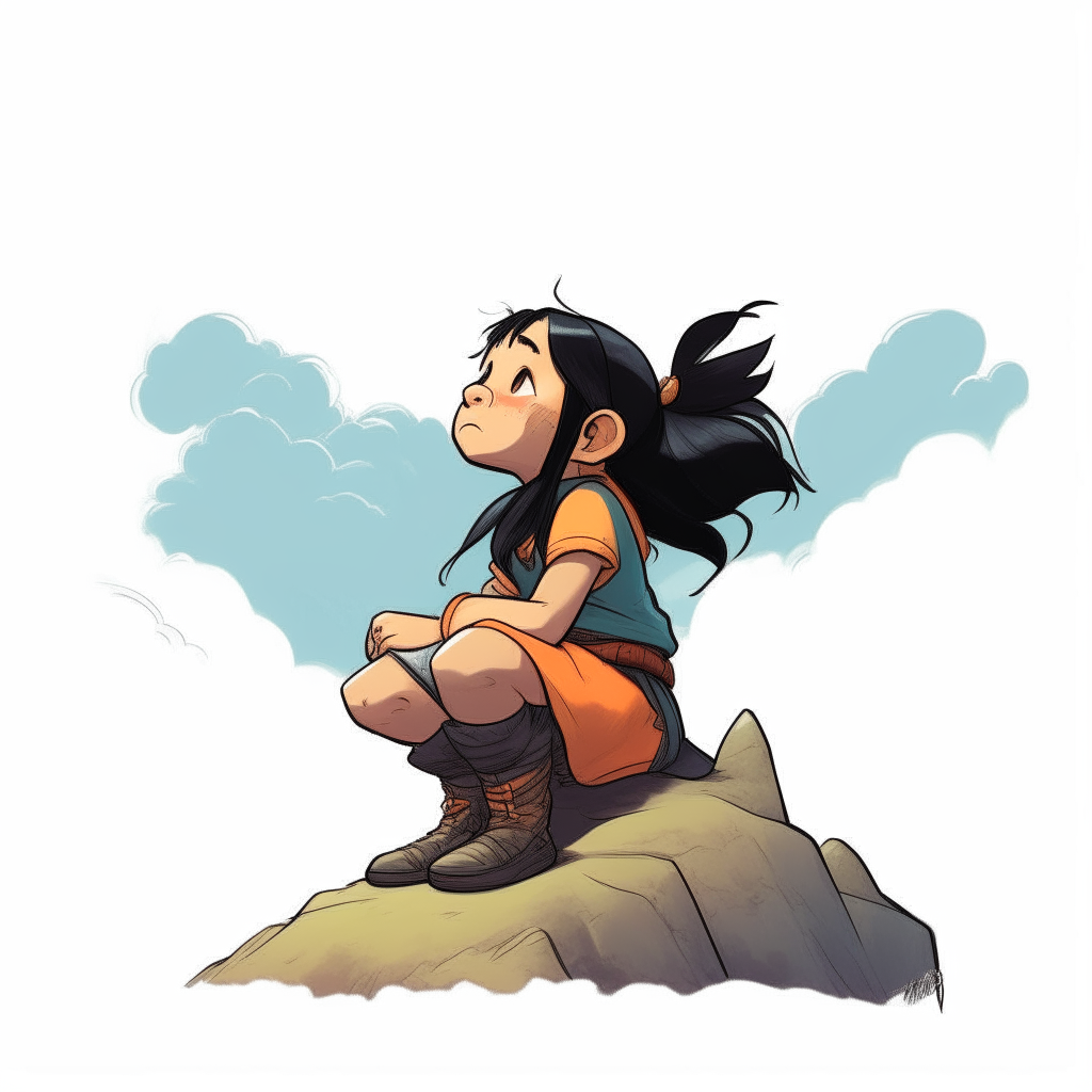 A dwarf girl looking up at the sky, her black hair flowing as she sits on a hill as a cartoon character sprite