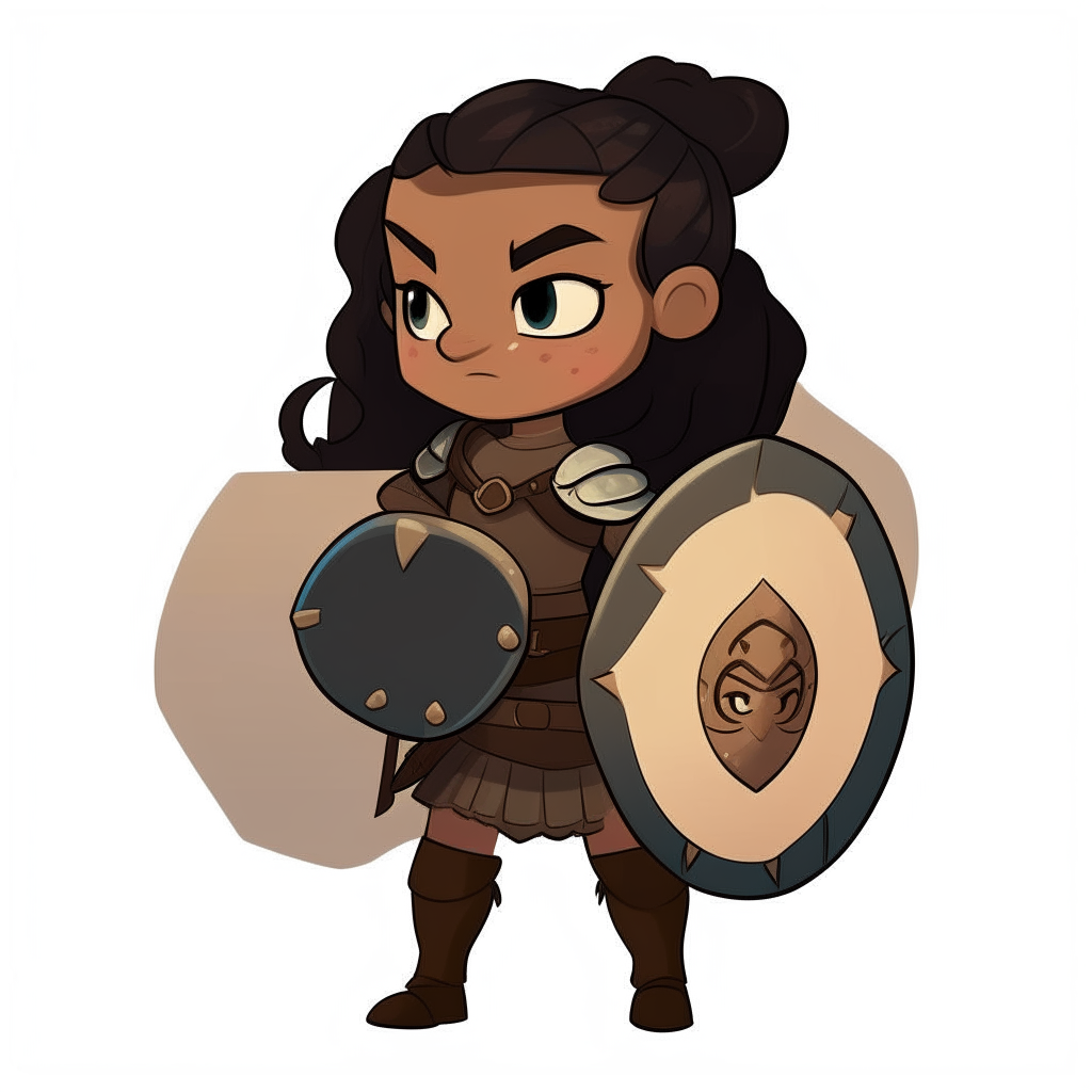 A determined dwarf girl with tan skin and black hair in a ponytail, holding a shield as a cartoon character sprite