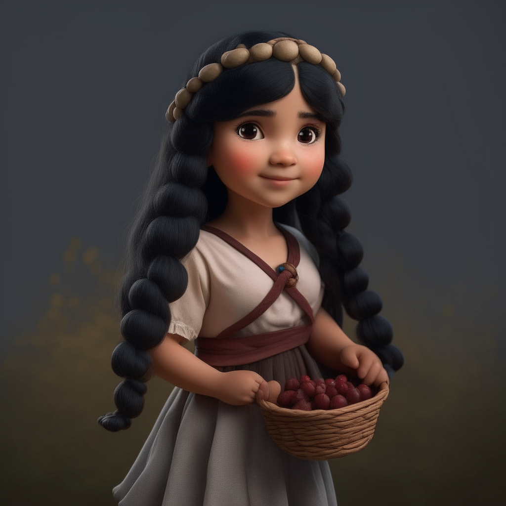 A dwarf girl holding a basket of berries, her long black hair flowing behind her