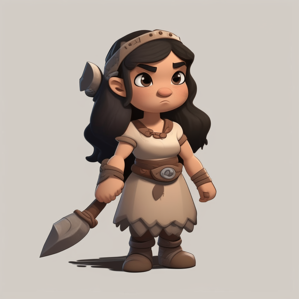 A determined dwarf girl with an axe, her tan skin and black hair visible through her helmet