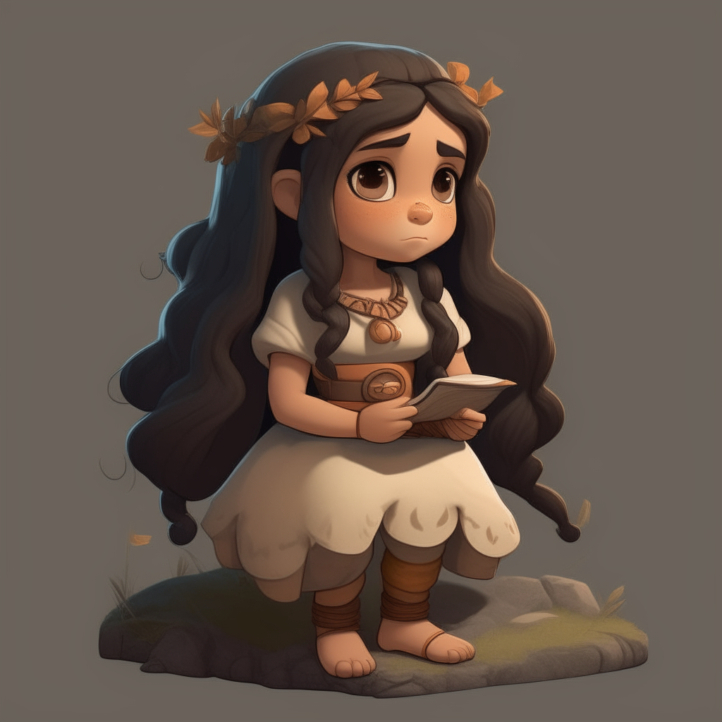 A dwarf girl sitting under a tree, her long black hair cascading over her knees as she reads