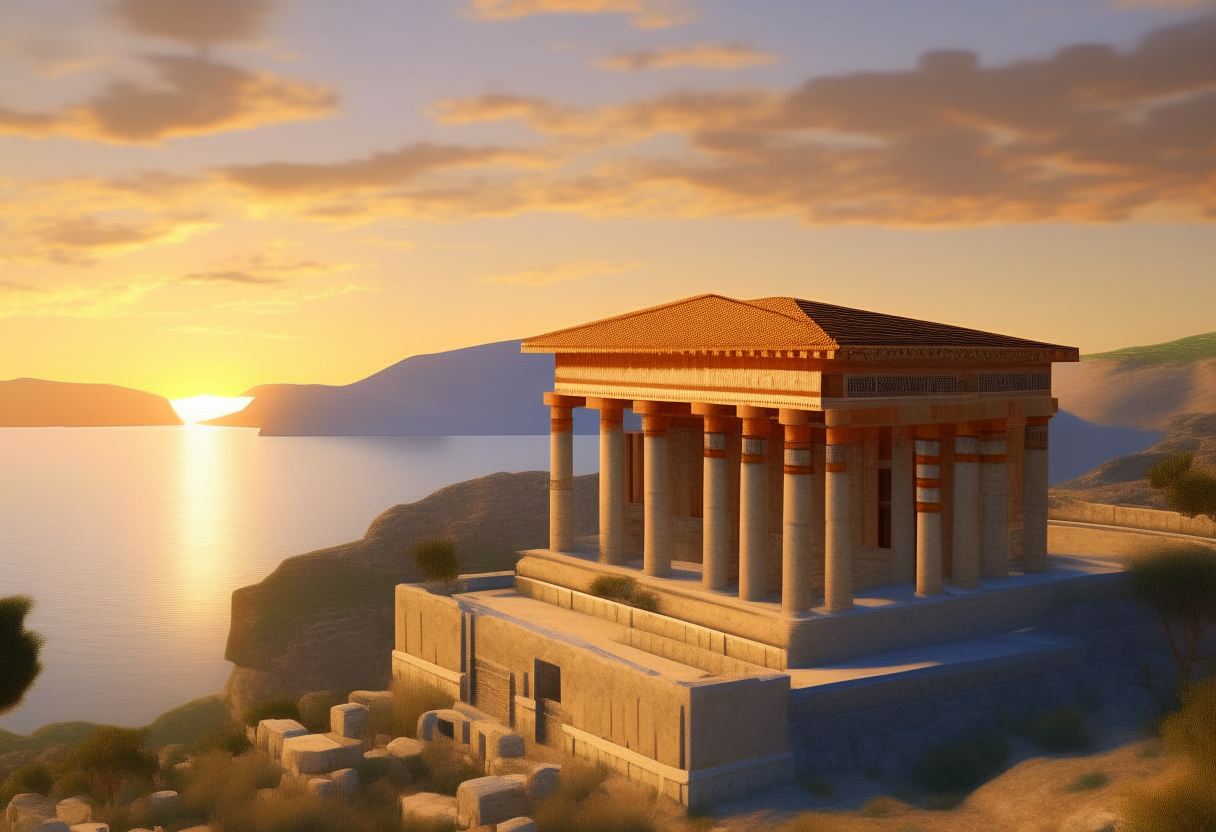 a mycaenean palace in the style of Knossos on a hill with a view of the ocean and mountains in the background with a sunset, cinematic, 4h, highly detailed