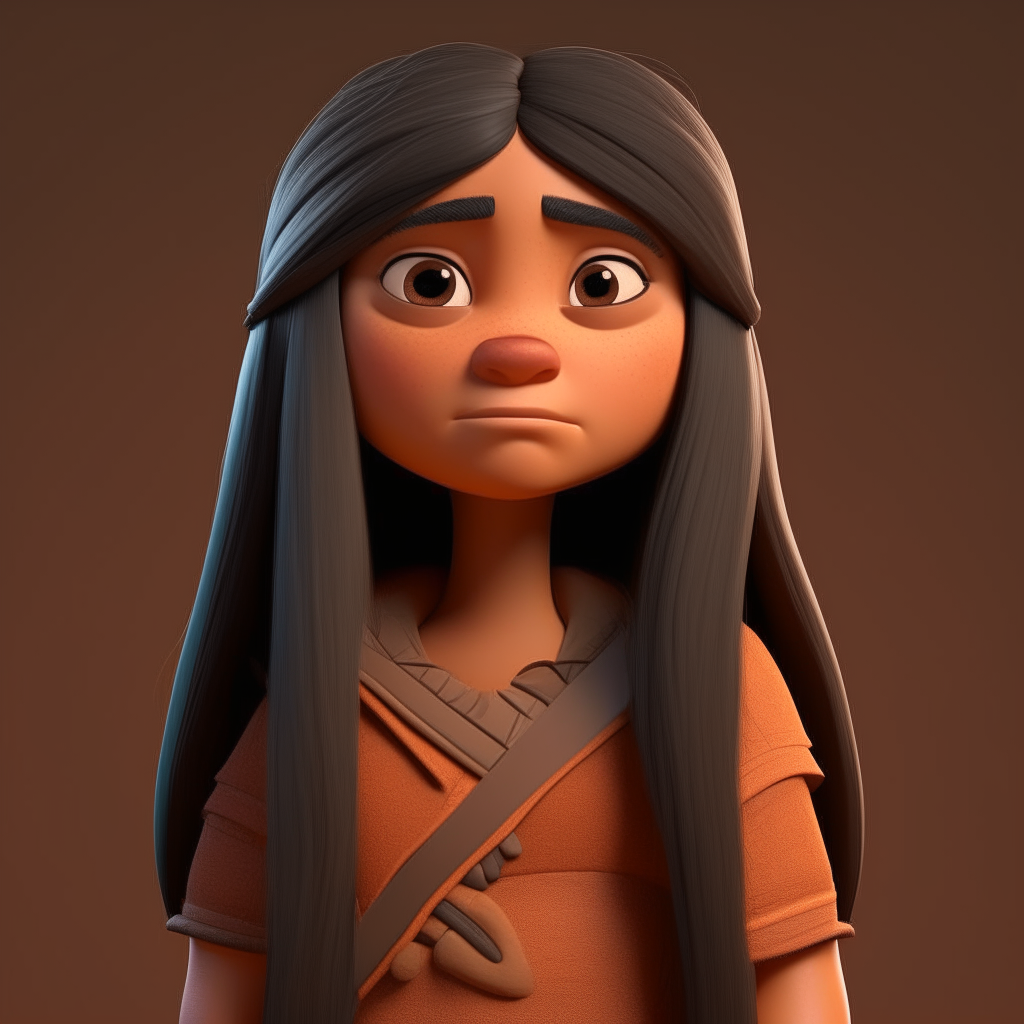 a dwarf girl with long black straight hair, tan brown skin, rendered in a cartoonish 3D style with exaggerated features