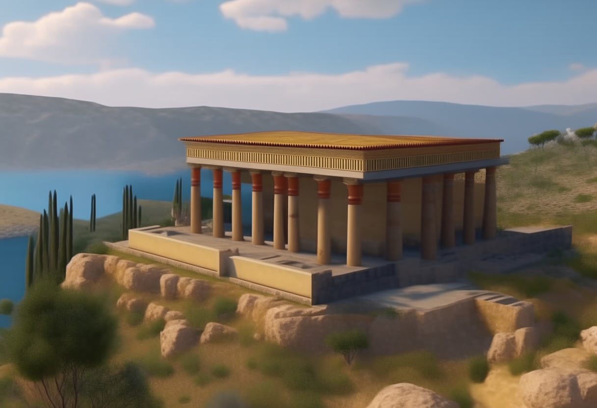 a mycaenean palace in the style of Knossos on a hill with a view of the ocean and mountains in the background, cinematic, 4k, highly detailed