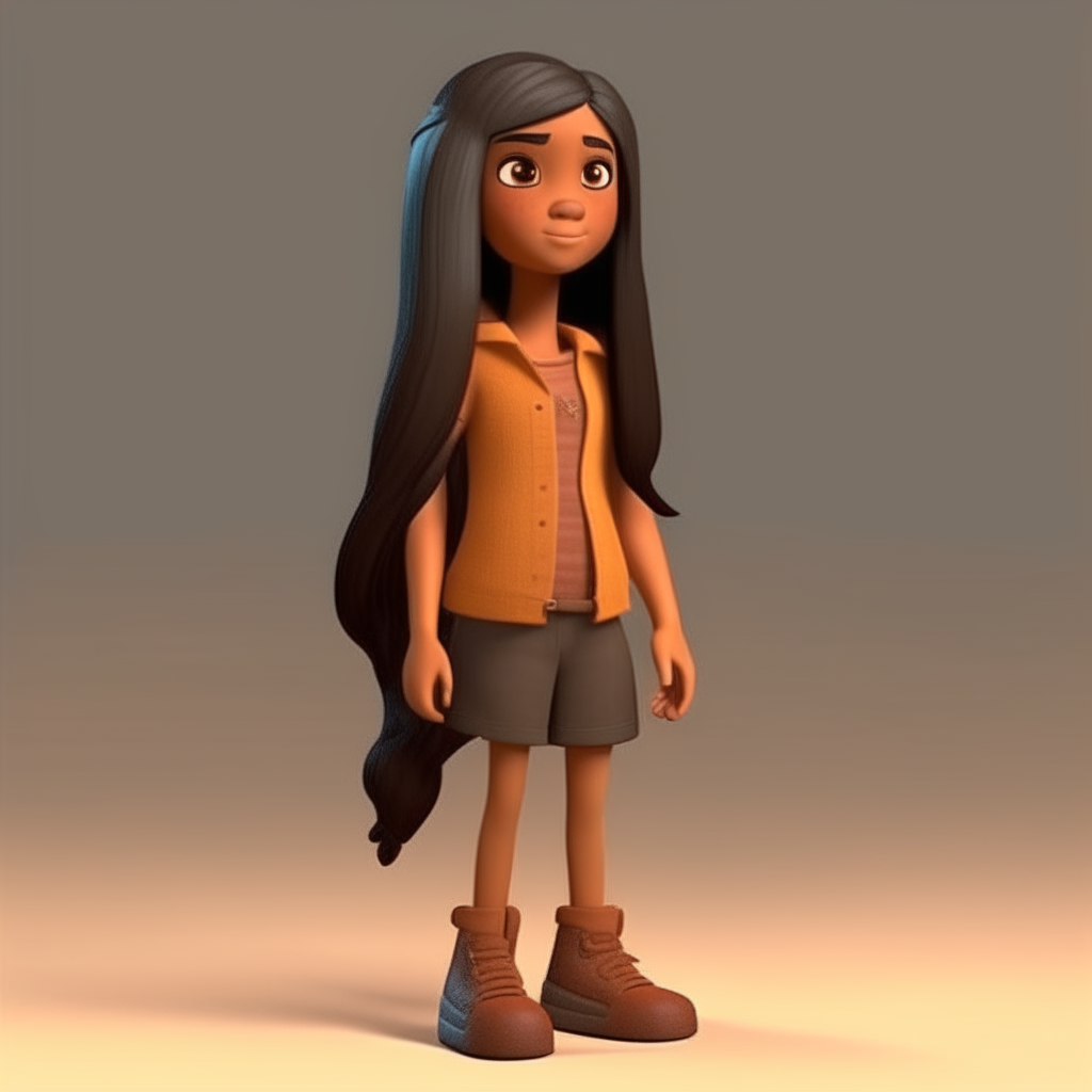 Full body, Dwarf girl with long black straight hair tan brown skin, cartoonist 3D RENDER