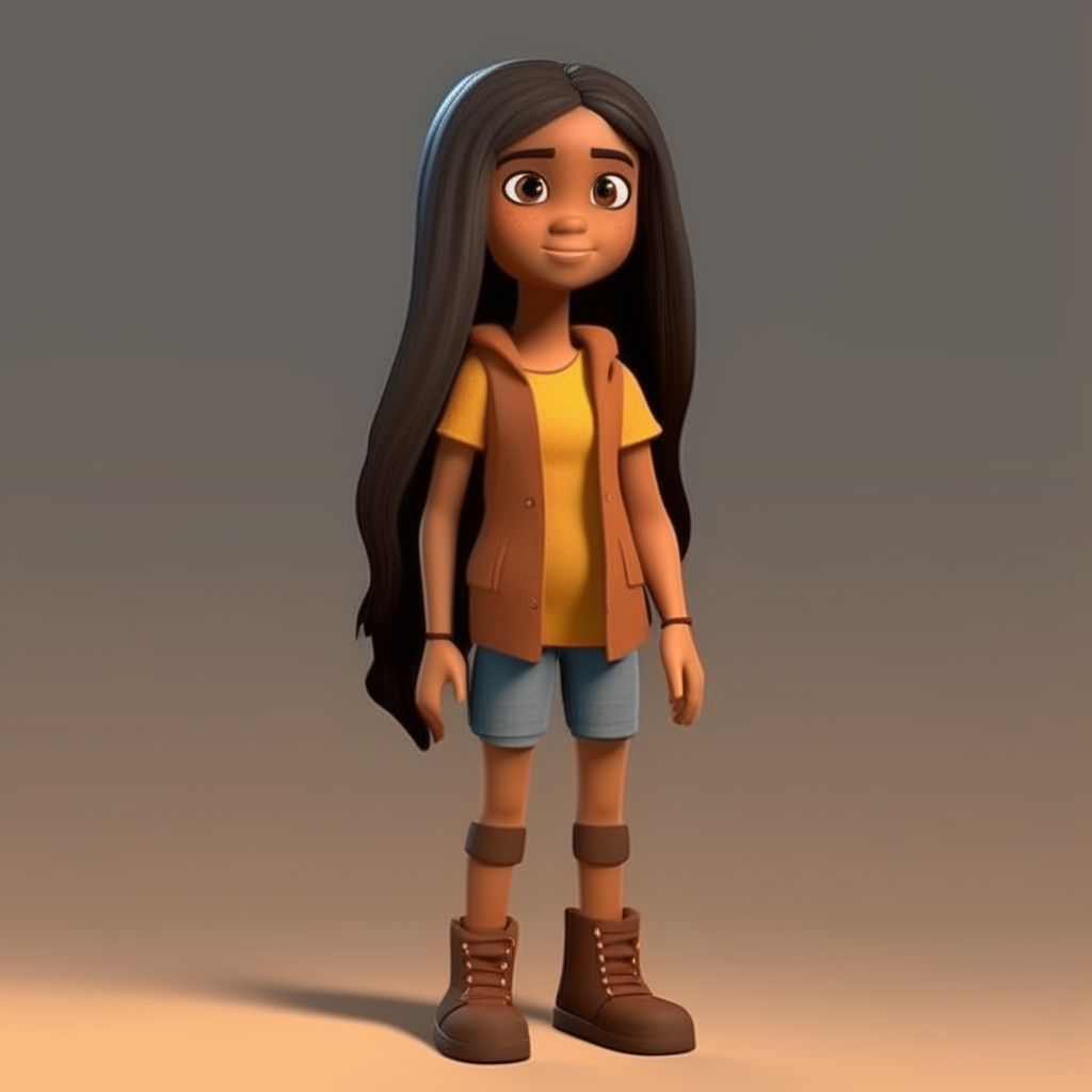 Full body, Dwarf girl with long black straight hair tan brown skin, cartoonist 3D RENDER
