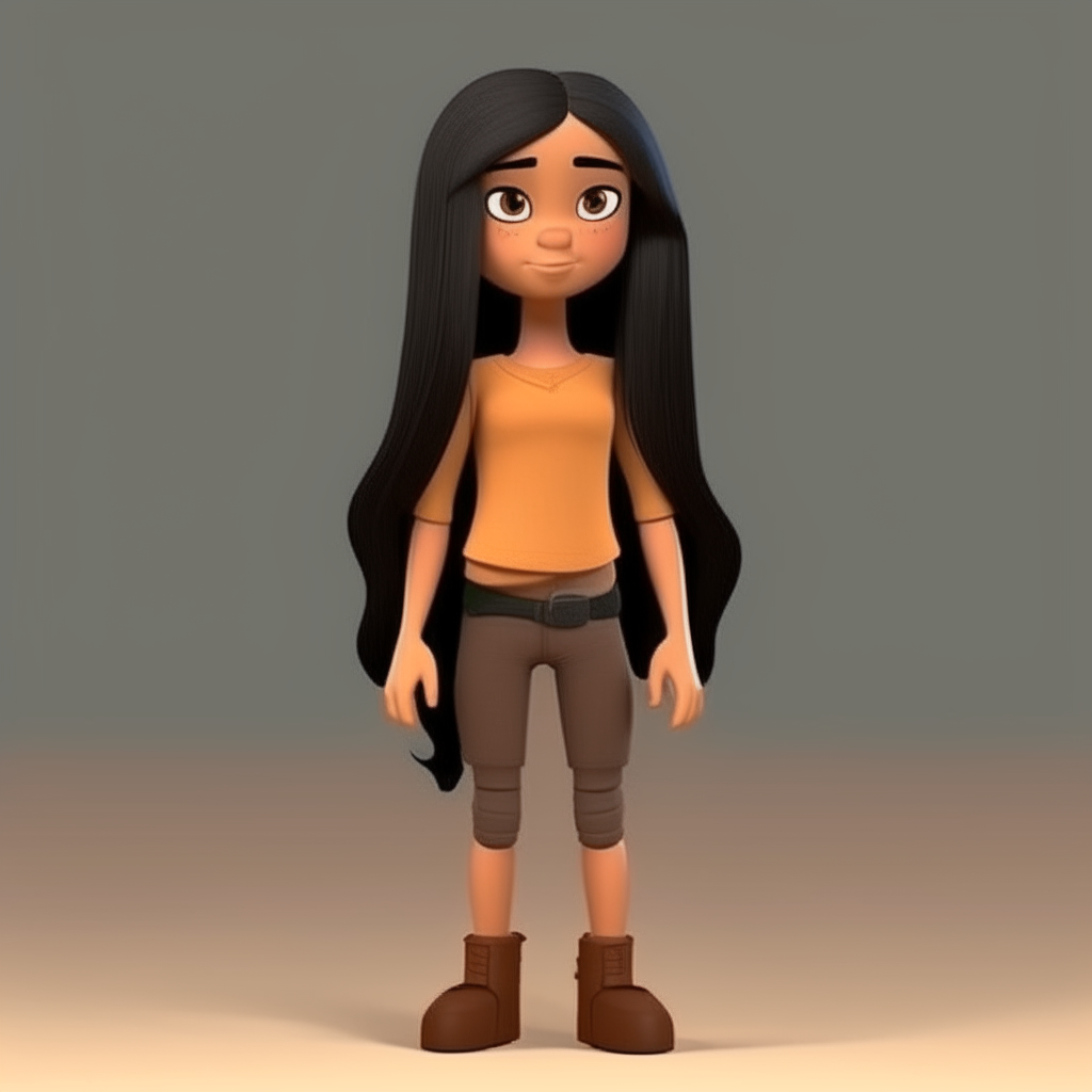 A tiny dwarf girl with long black hair and outfit, cartoon style