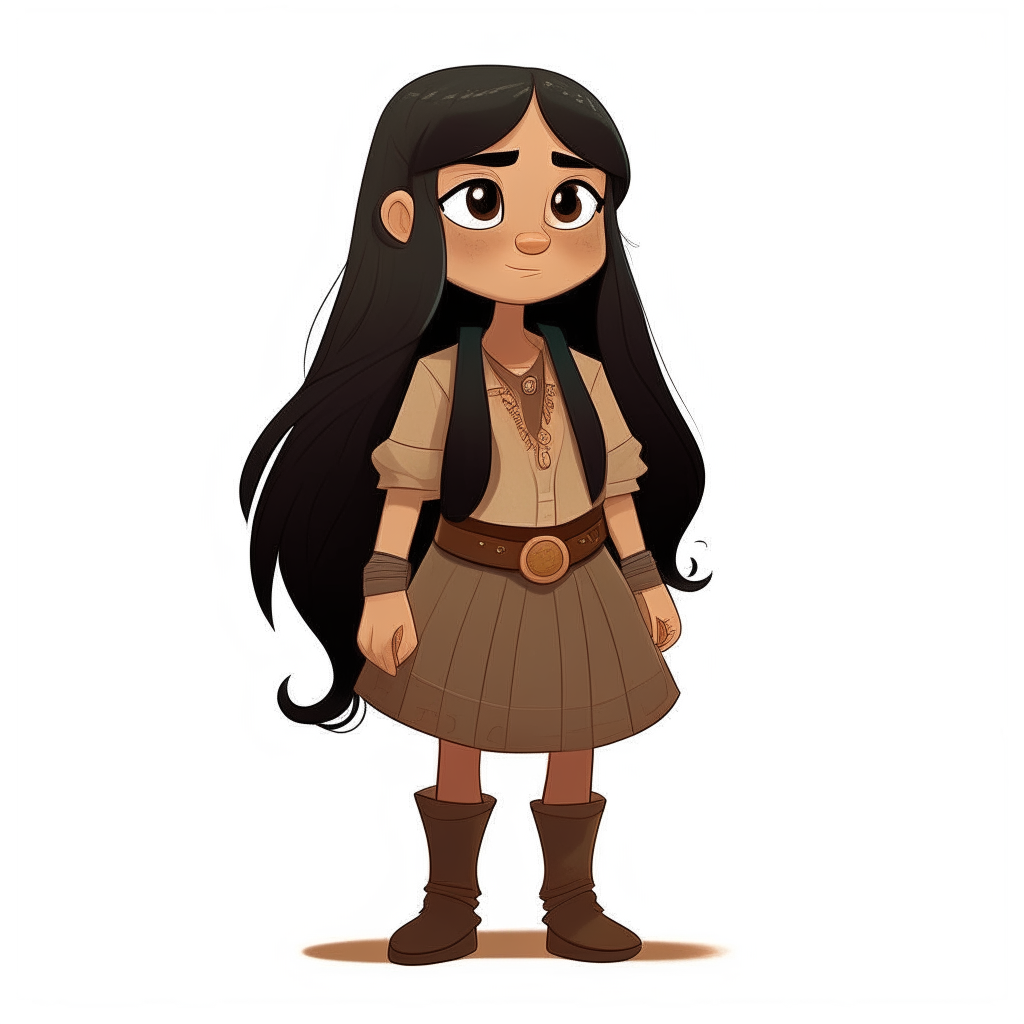 Full body view of a dwarf girl with long black straight hair, tan brown skin and exaggerated cartoon features