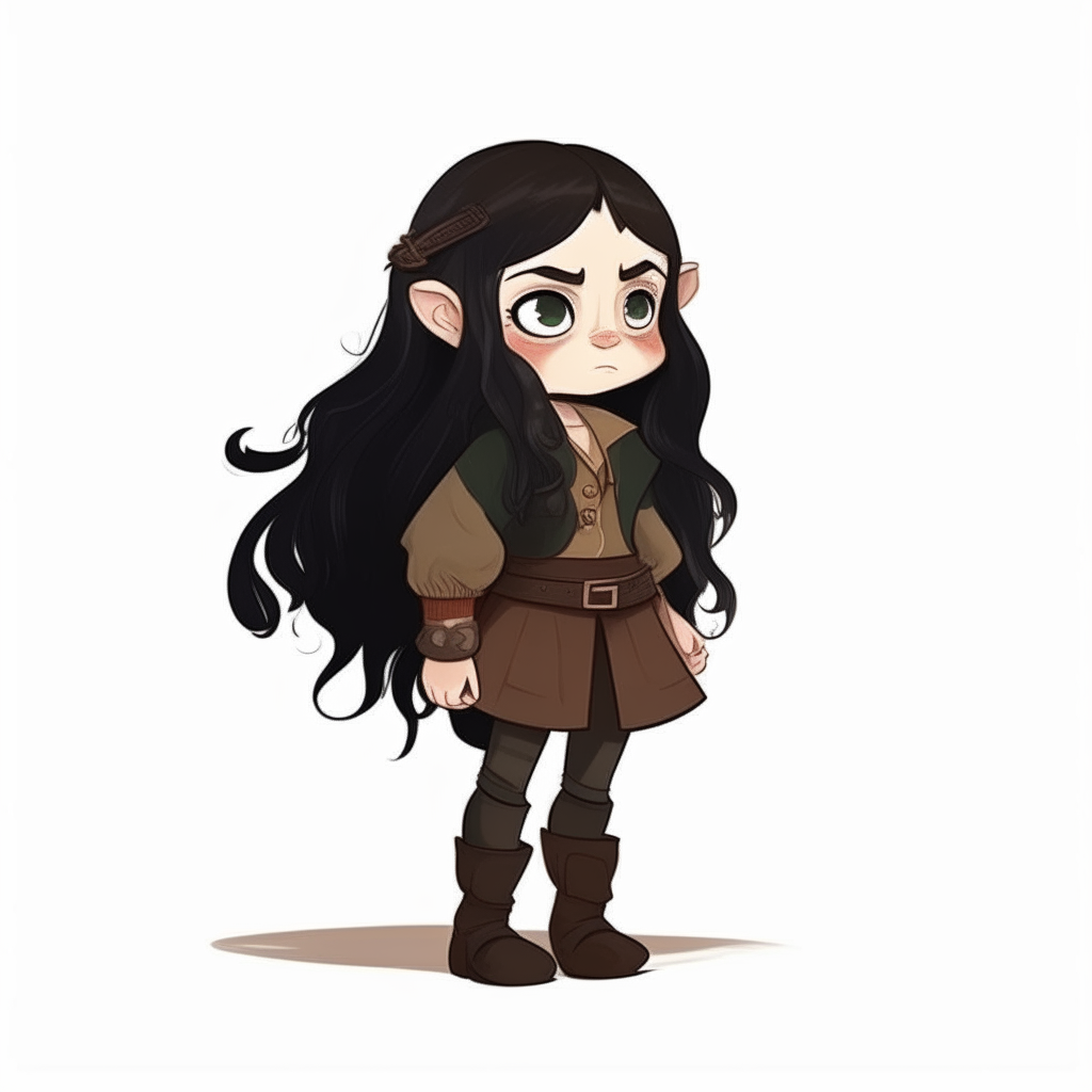Full body view of a tiny dwarf girl with long black hair, exaggerated small proportions and cartoonish style