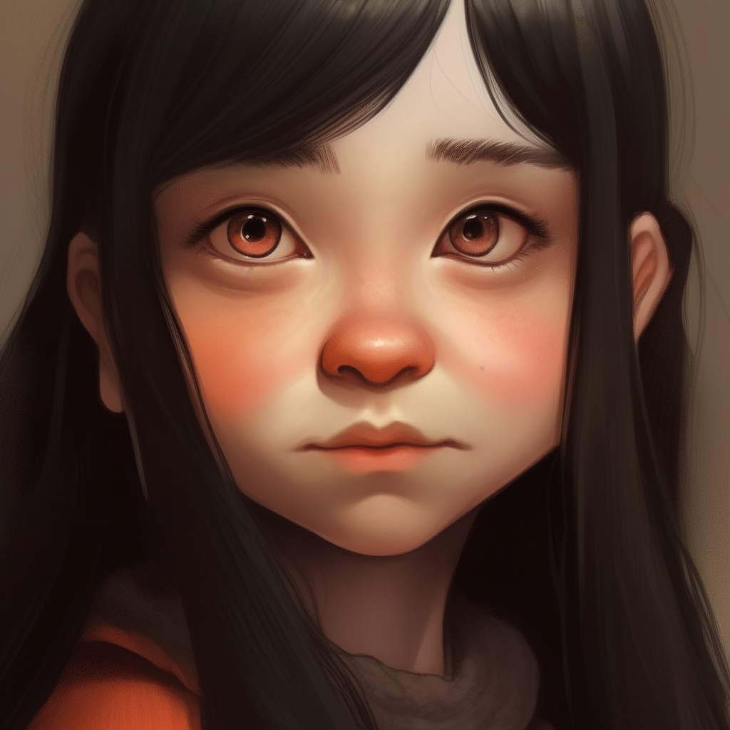 Close-up portrait of a tiny dwarf girl with long black hair, emphasized small scale and cartoonish features