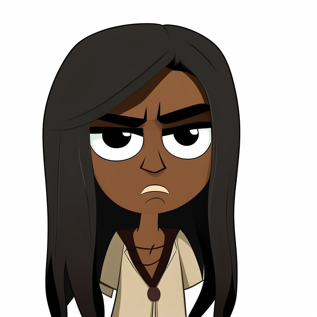 A cartoon character with brown skin and long straight black hair, sad expression