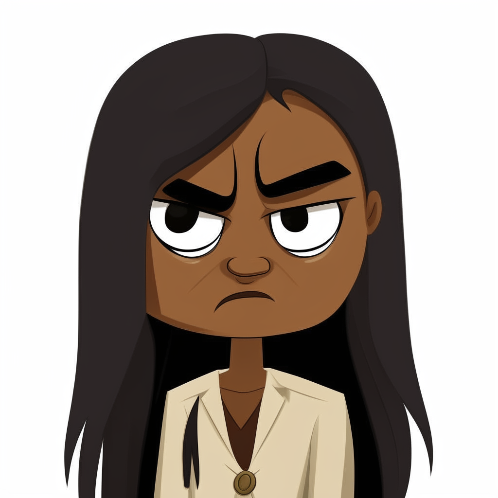 A cartoon character with brown skin and long straight black hair, sad expression