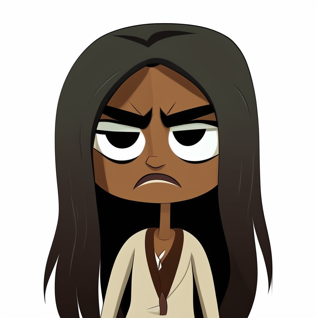A cartoon character with brown skin and long straight black hair, sad expression