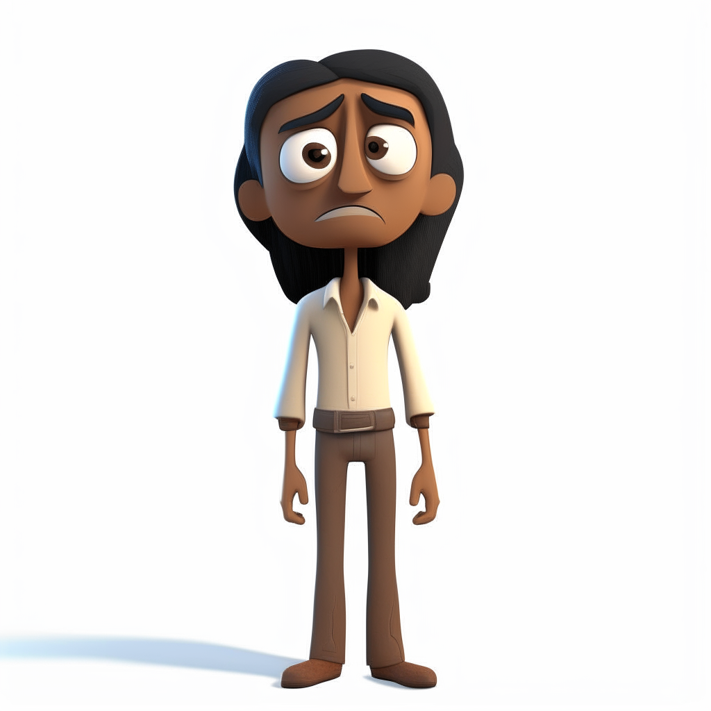 A 3D rendered full body cartoon character with brown skin, long straight black hair and sad expression