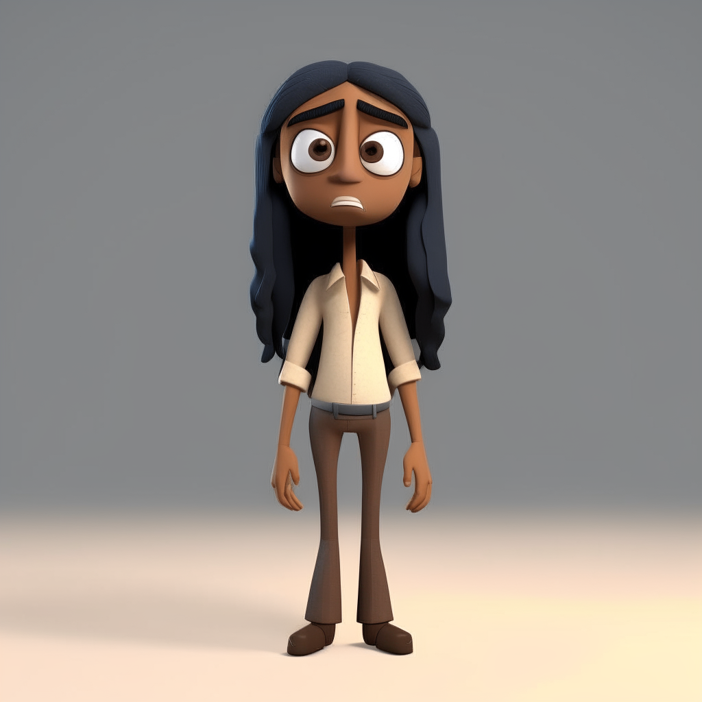 A 3D rendered full body cartoon character with brown skin, long straight black hair and sad expression