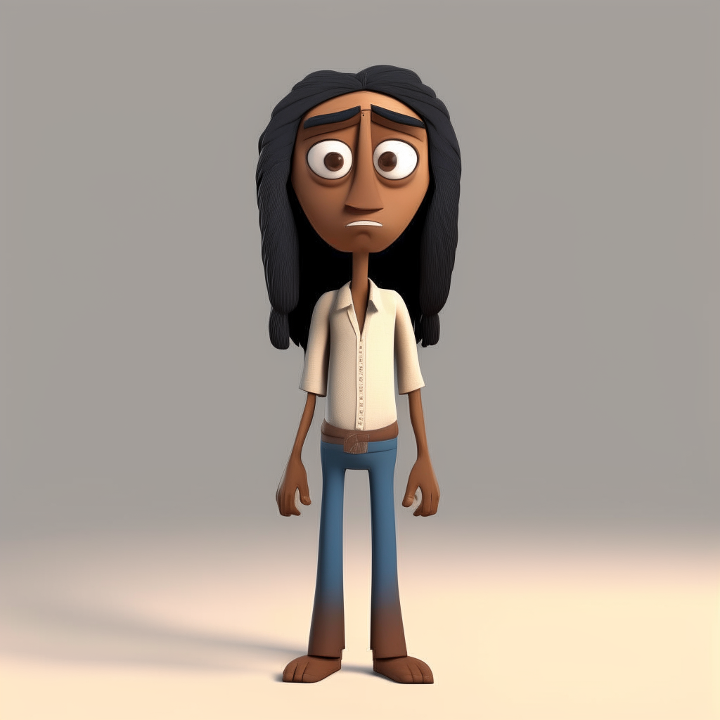 A 3D rendered full body cartoon character with brown skin, long straight black hair and sad expression
