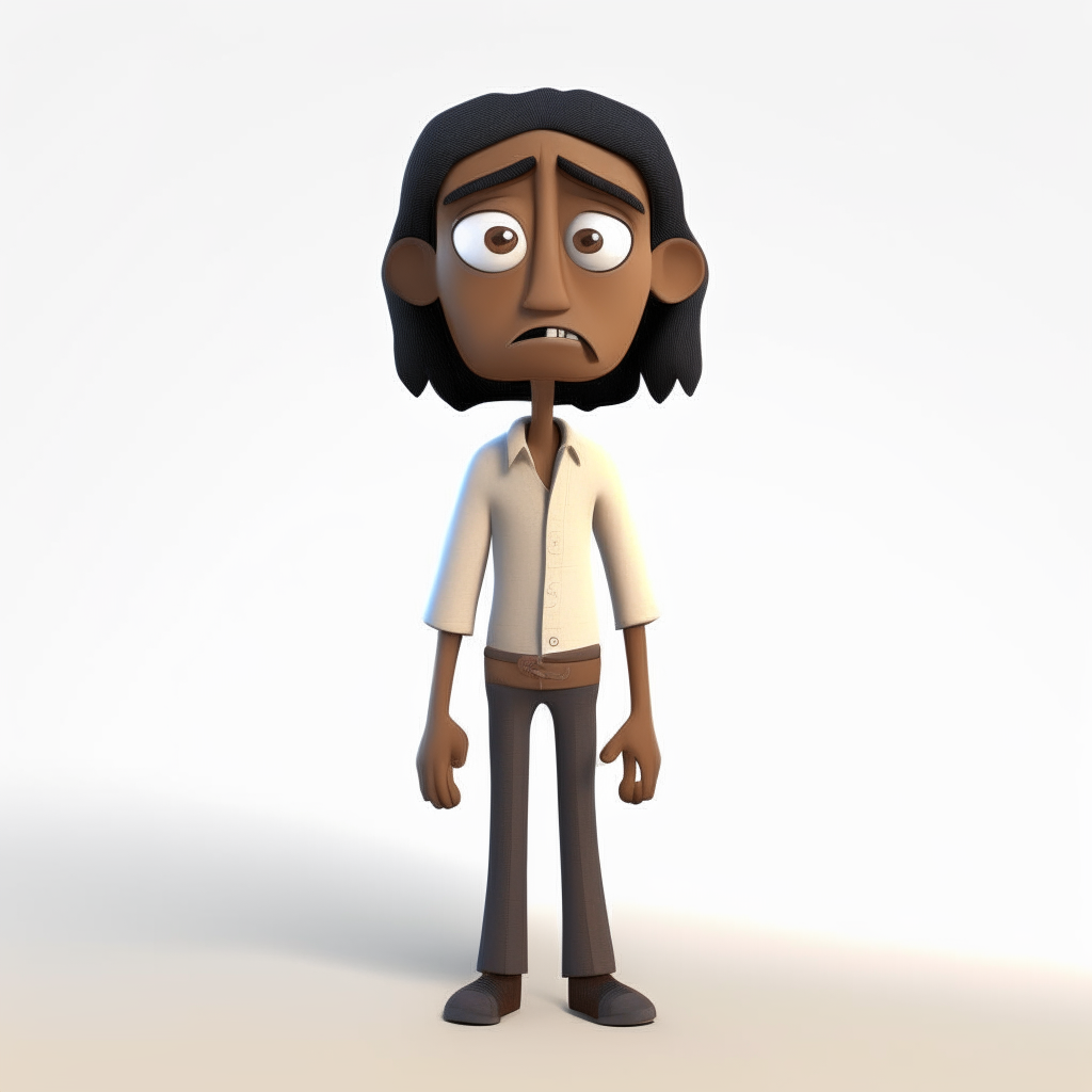 A 3D rendered full body cartoon character with brown skin, long straight black hair and sad expression