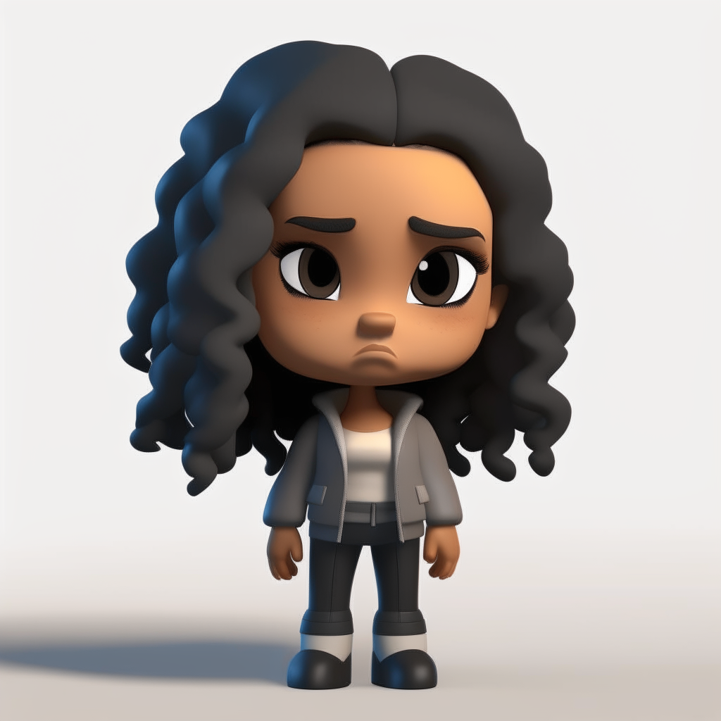 A tiny 3D rendered chibi sprite of the cartoon character from image 1 with brown skin, long straight black hair and a full body