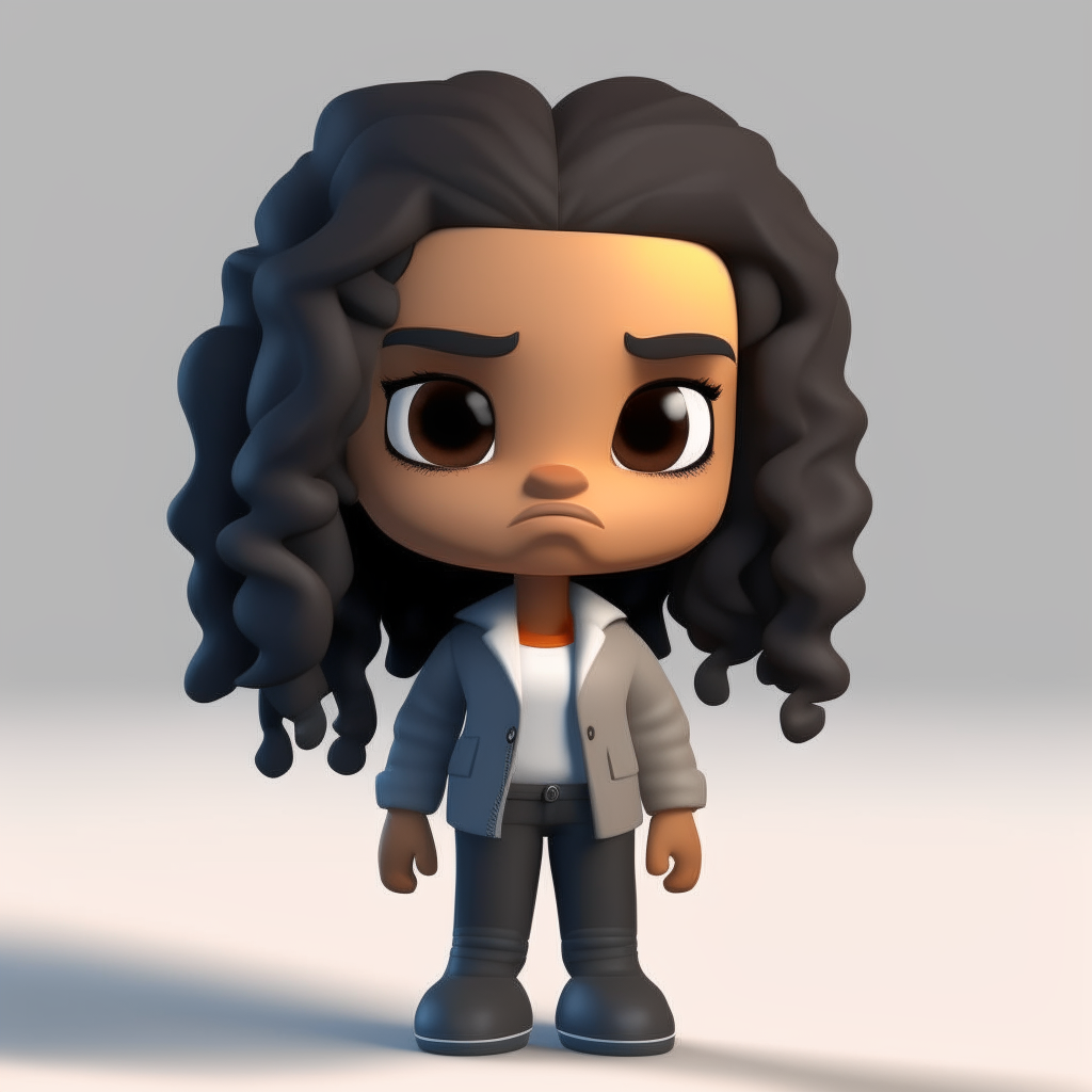 A tiny 3D rendered chibi sprite of the cartoon character from image 1 with brown skin, long straight black hair and a full body