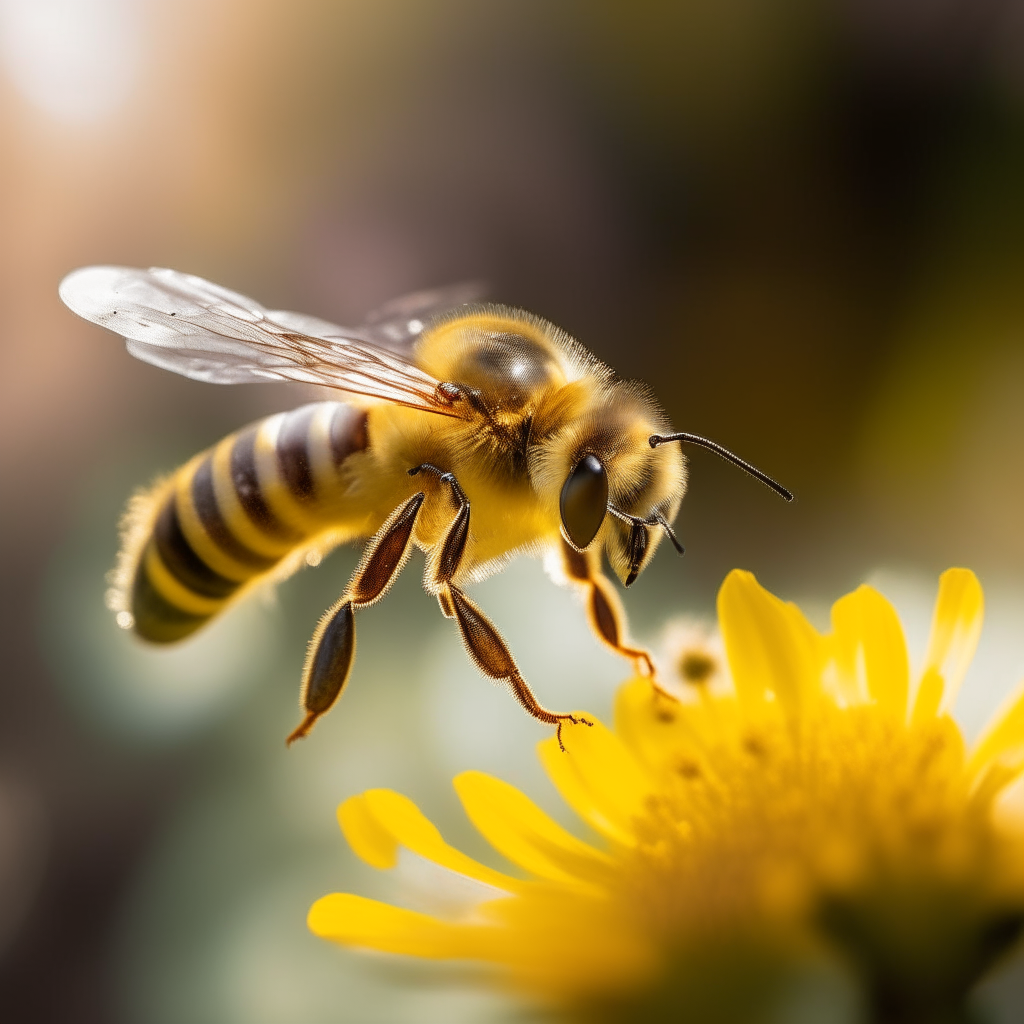 A close-up photo of a honeybee in mid-flight. Its wings are a blur as it hovers above a flower, collecting pollen and nectar on a sunny day.