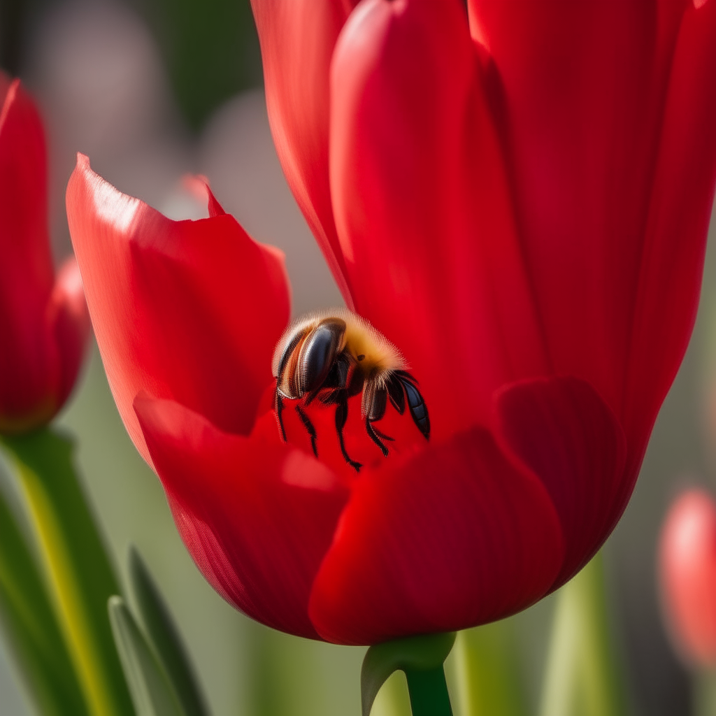 A honeybee lands on a red tulip