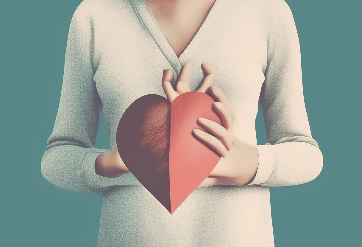 Create an image of a half-body person touching a heart
