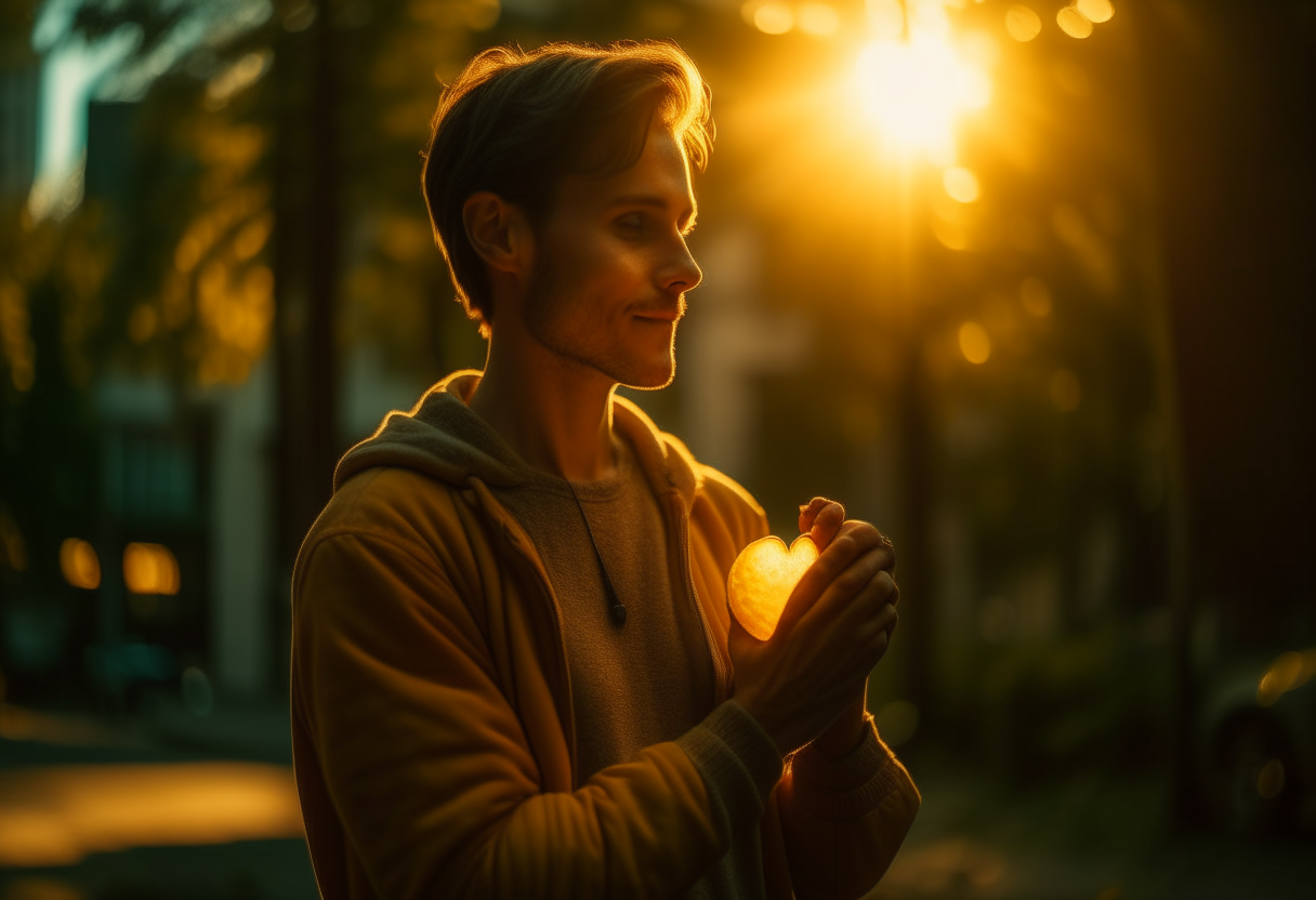 Create an image of a half-body person touching a heart

