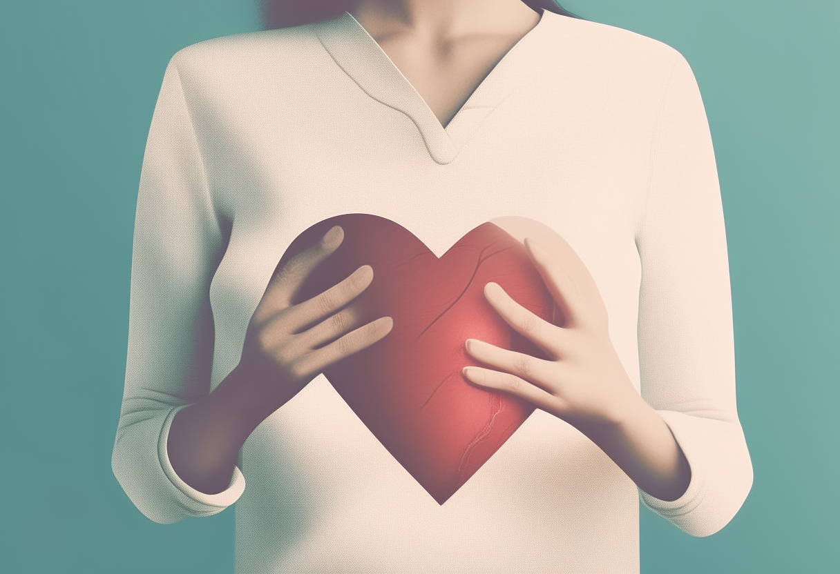 Create an image of a half-body person touching a heart
