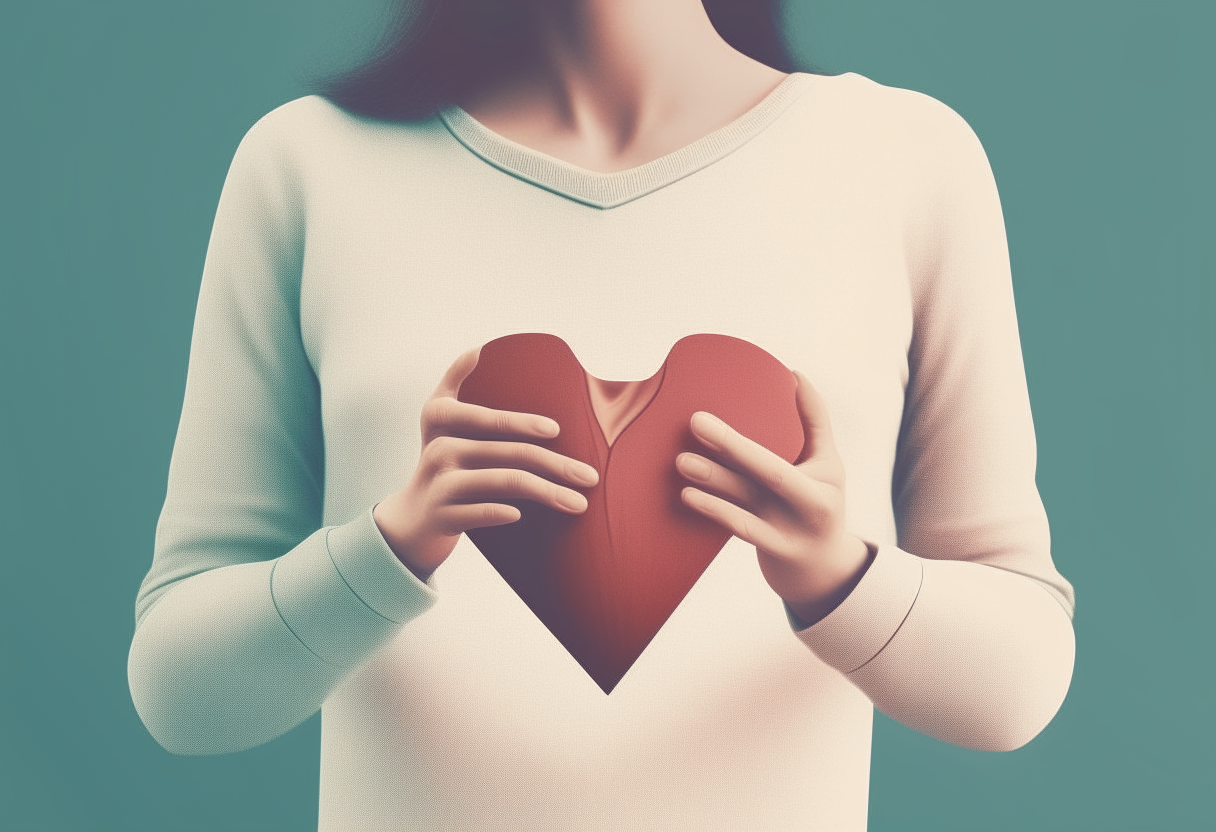 Create an image of a half-body person touching a heart
