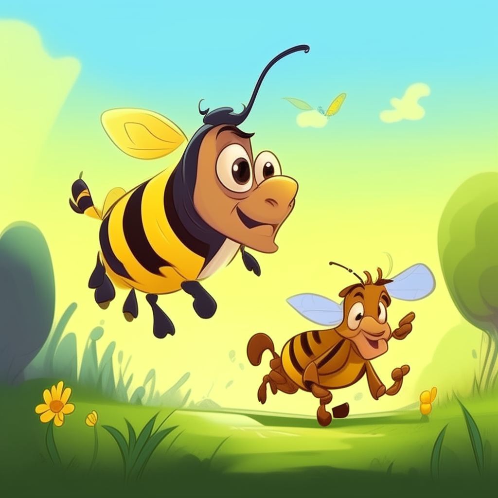 The bee flying and the calf running Disney cartoon style
