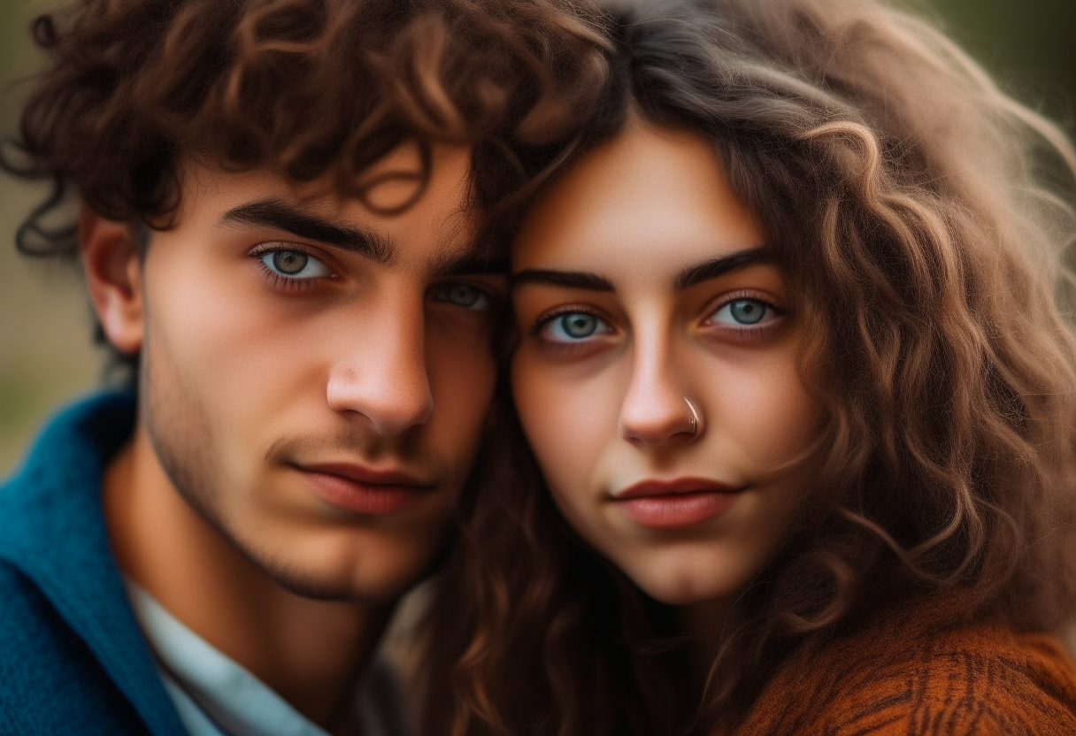 Make a portrait of a hugarian girl with blue eyes and brown hair with a turkish guy with curly brown hair , mandel brown eyes,