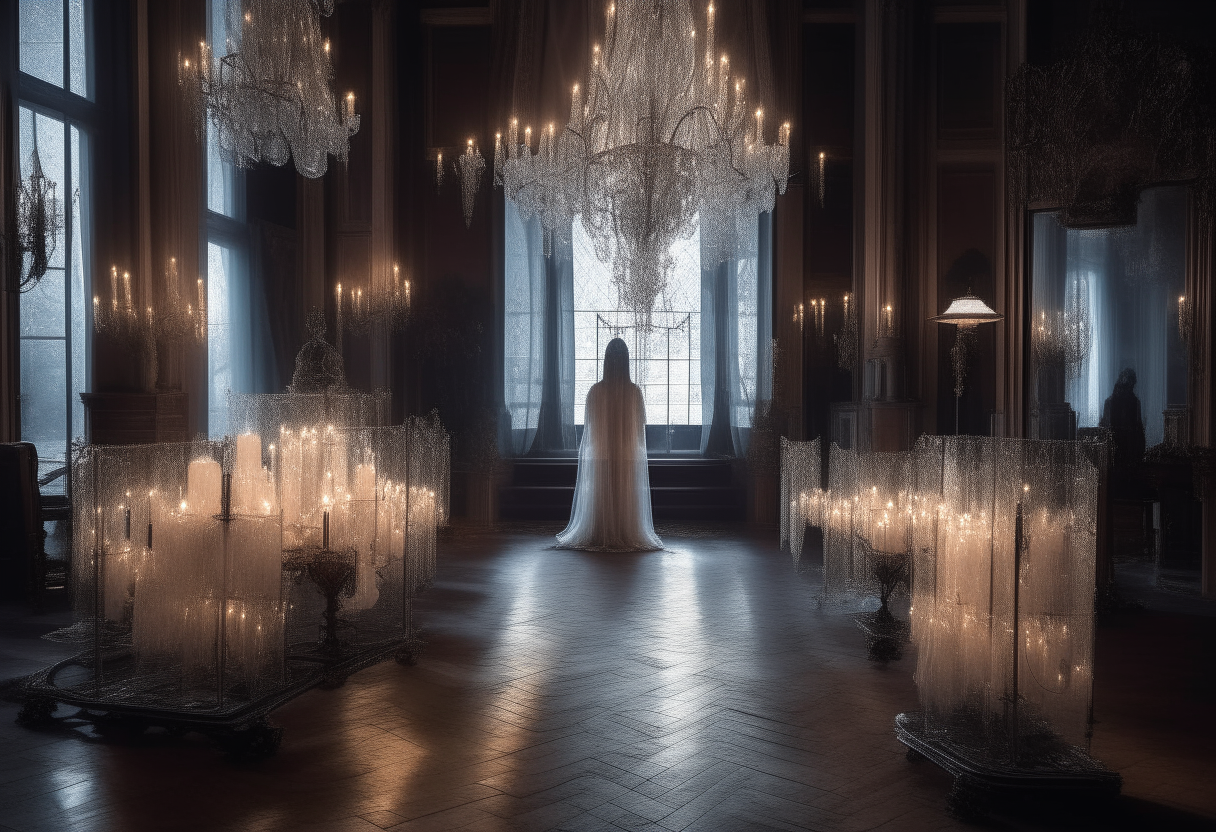 A transparent ghost in a large Victorian hall with crystal chandeliers and lit candles