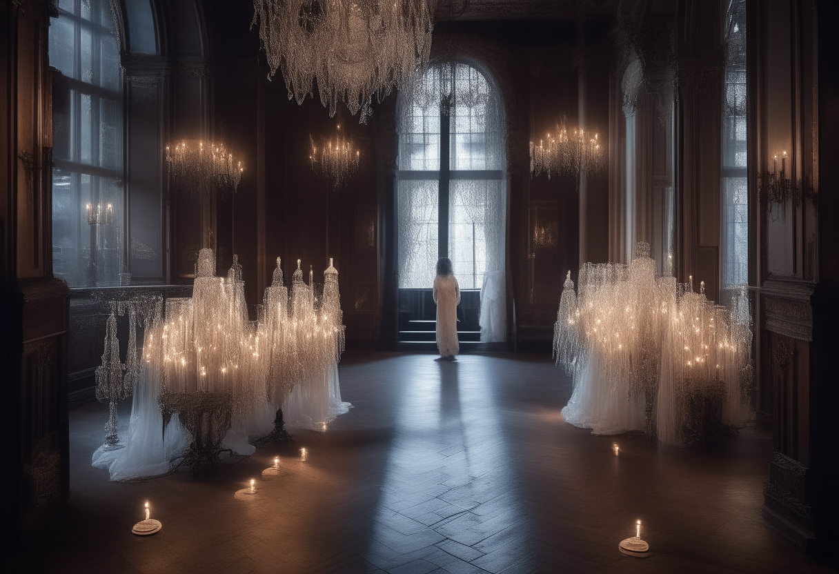 A transparent ghost in a large Victorian hall with crystal chandeliers and lit candles