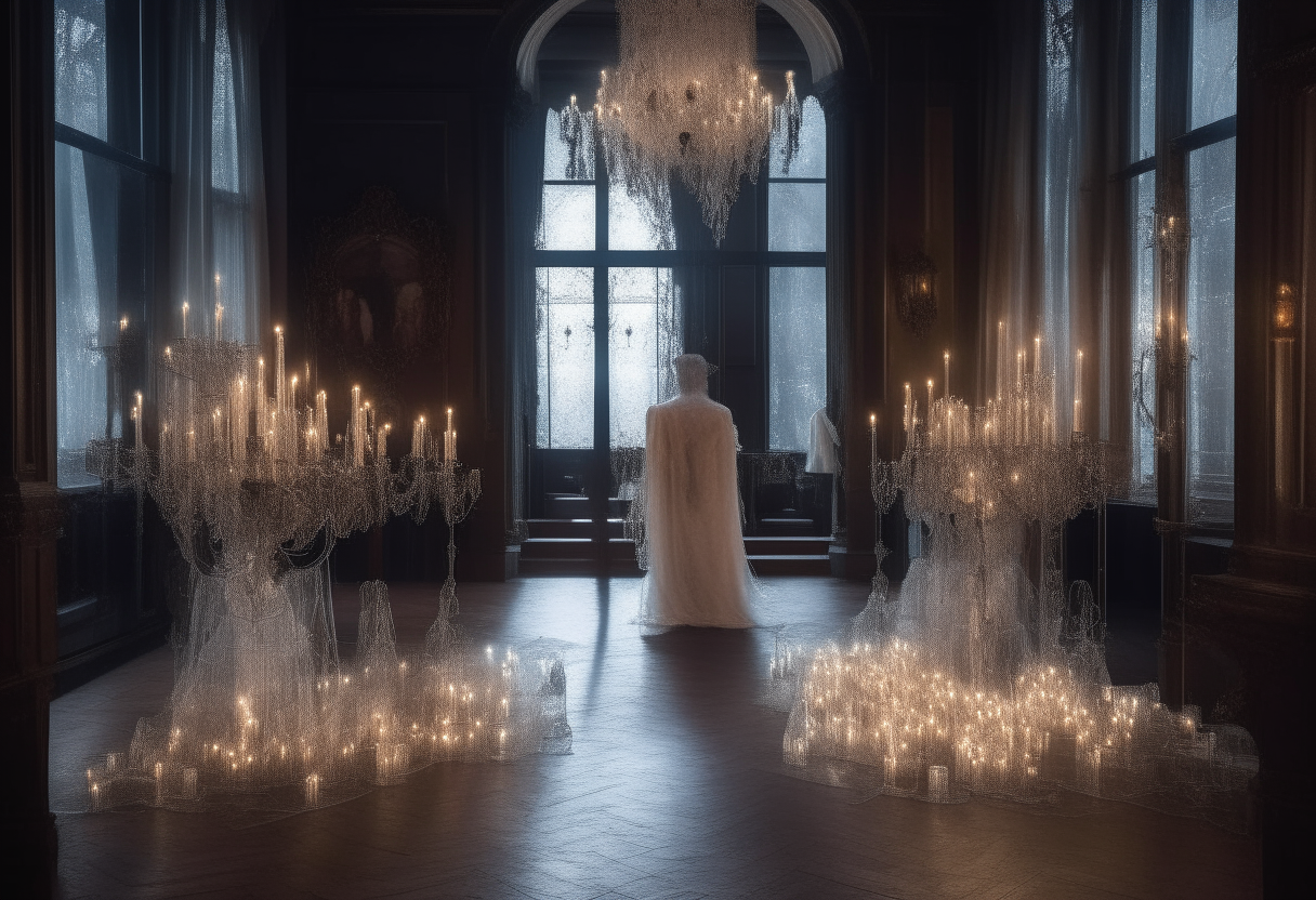 A transparent ghost in a large Victorian hall with crystal chandeliers and lit candles