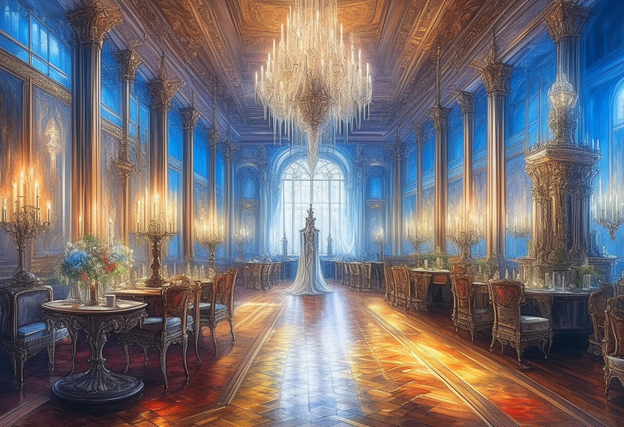 A transparent ghost in a large Victorian hall with crystal chandeliers and lit candles