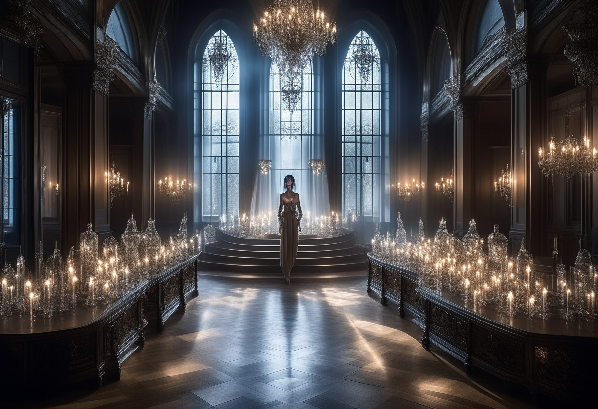 A transparent ghost in a large Victorian hall with crystal chandeliers and lit candles