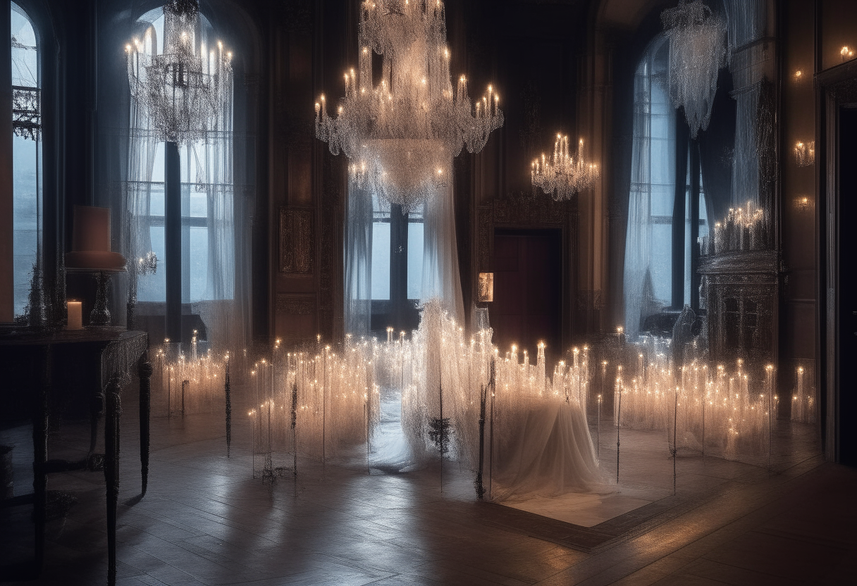 A transparent ghost in a large Victorian hall with crystal chandeliers and lit candles