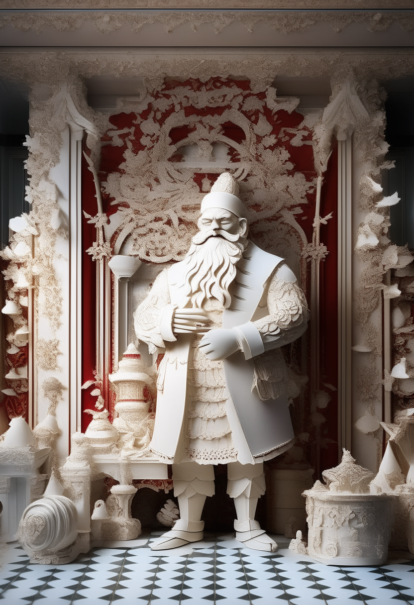 Santa Claus, garbed in elegant attire inspired by haute couture, standing in a lavish winter palace adorned with opulent decorations, a grand feast and celebrations unfolding, evoking a feeling of opulence and festivity, Paperwork, intricate cut paper art