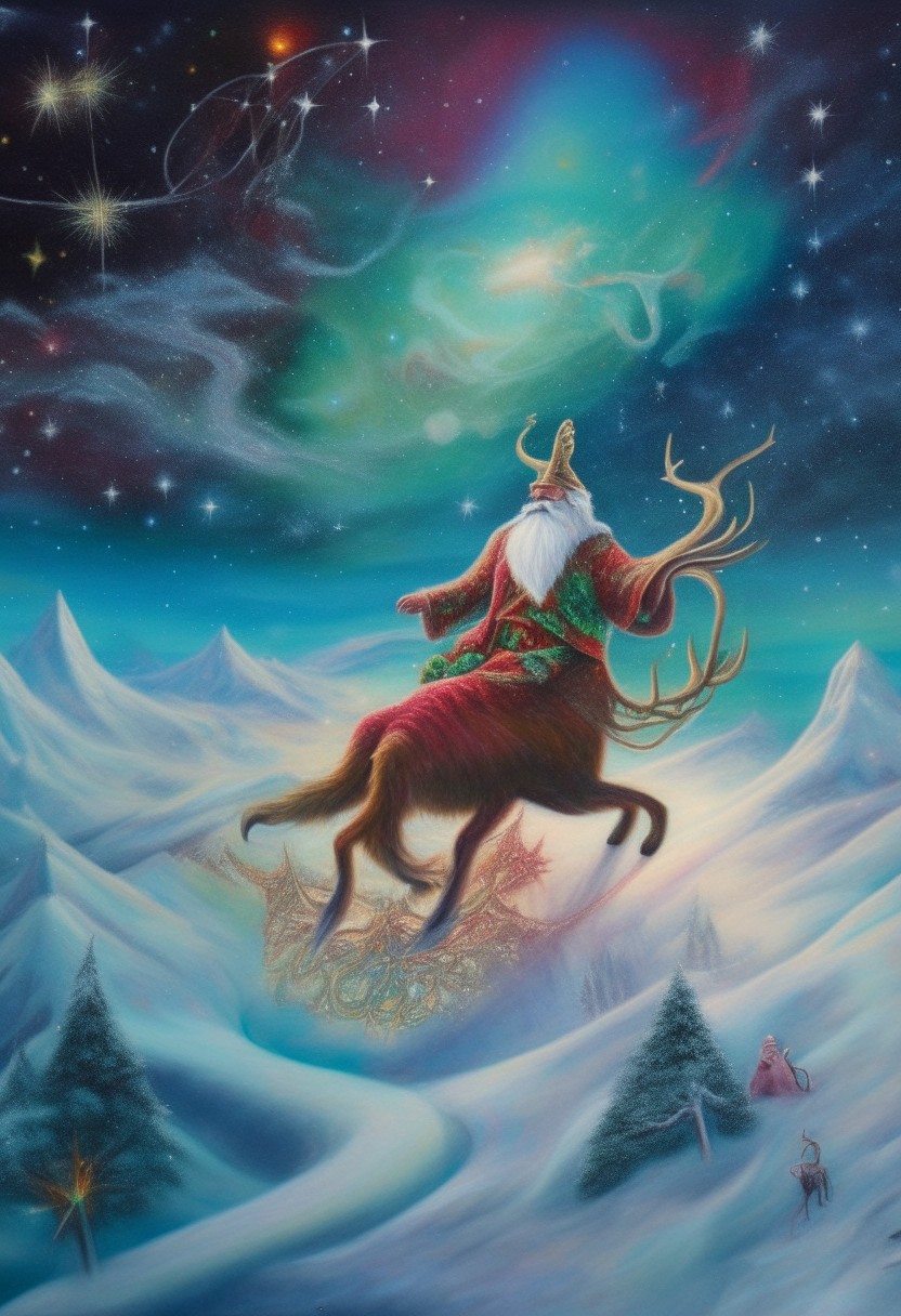 Santa Claus, adorned with celestial robes woven from constellations, standing atop a crystalline ice mountain, aurora borealis dancing across the sky, a cosmic sleigh pulled by ethereal creatures, capturing a sense of wonder and magic, Artwork, mixed media on canvas, 