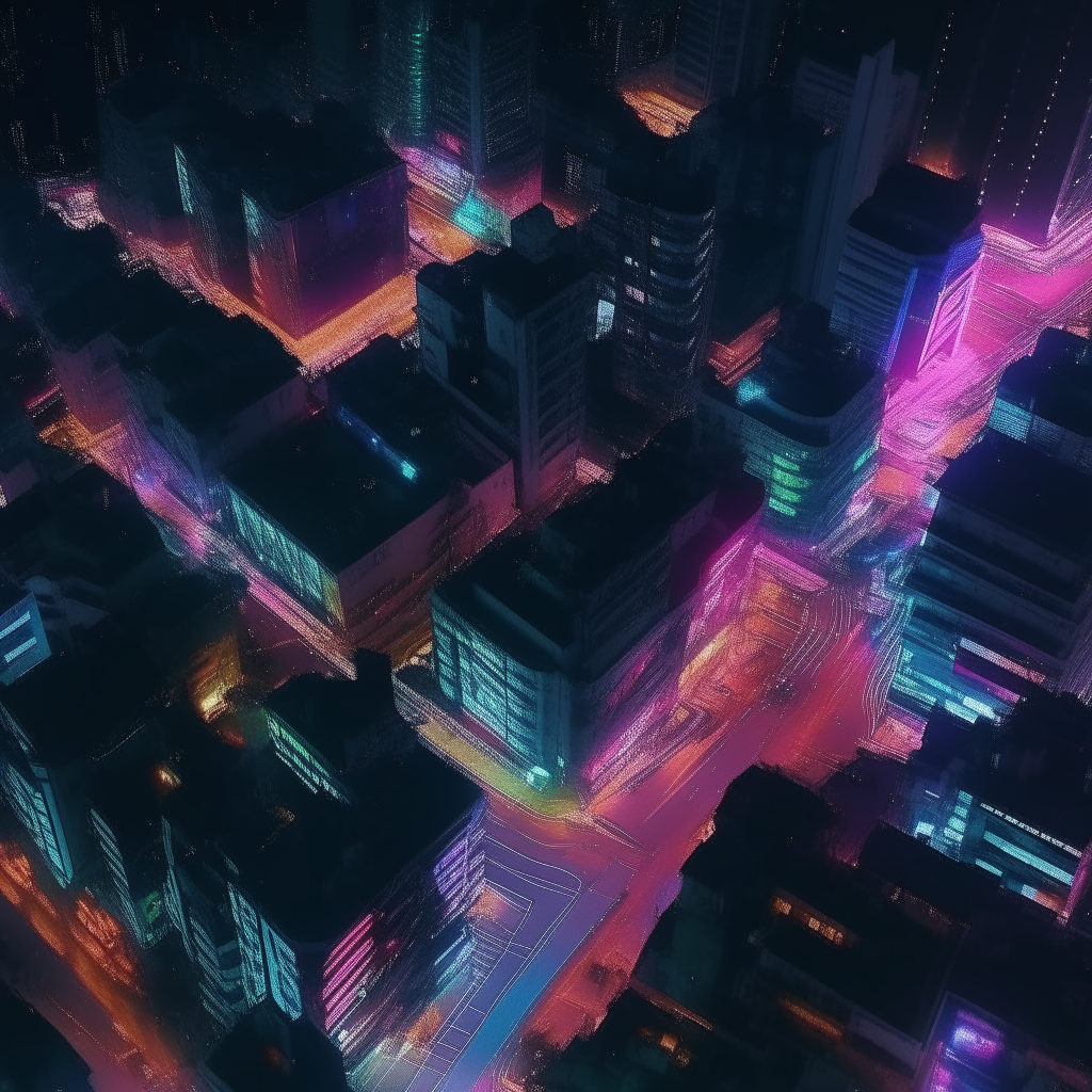 A stunning aerial nighttime view of a bustling city at night, with colorful neon lights illuminating the streets and buildings below. Captured in 4K resolution from a drone flying overhead, suitable for use as a nightclub banner background.