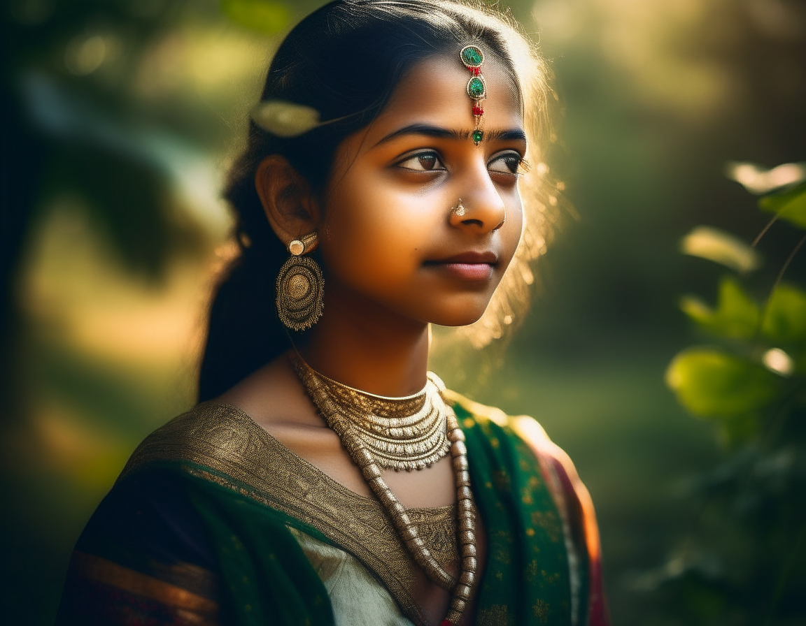 A high-quality, full body portrait of an Indian desi girl, capturing her natural, radiant and timeless beauty, wearing traditional dress and jewelry, posing in a vibrant and colorful outdoor setting, surrounded by nature and greenery, with a soft bokeh and natural light, that highlights her stunning features and natural grace, <lora:add_detail:0. 4> <lora:more_details:0. 3> <lora:hairdetailer:0. 6> <lora:add-detail-xl:1. 2> <lora:DetailedEyes_V3:1. 2> <lora:offset_0. 2:1. 2> <lora:epi_noiseoffset2:0. 4> Negative prompt: [deformed | disfigured], poorly drawn, [bad : wrong] anatomy, [extra | missing | floating | disconnected] limb, (mutated hands and fingers), blurry