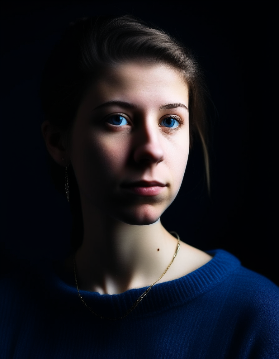 1girl,blue sweater,black background,earrings,necklace, Negative prompt (worst quality:2),(low quality:2),(normal quality:2),lowres,watermark,