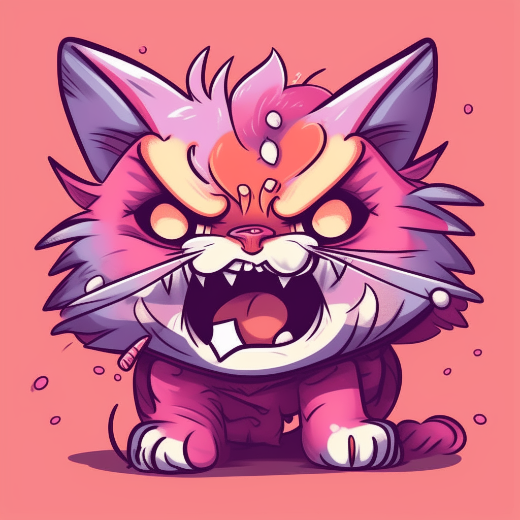 an angry cartoon kitten with pink and purple fur baring its teeth