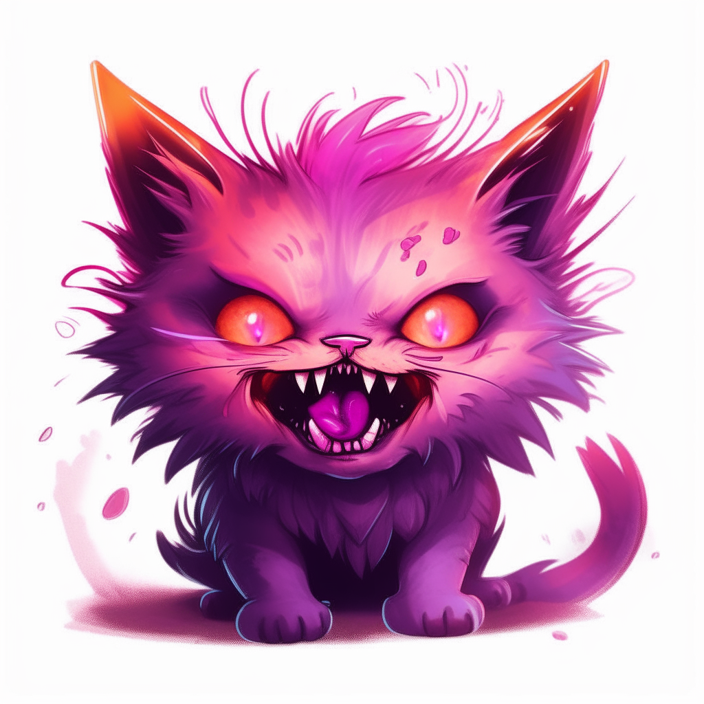 an extremely angry cartoon kitten with pink and purple fur, baring sharp teeth and claws, with glowing red eyes and sparks flying from its mouth